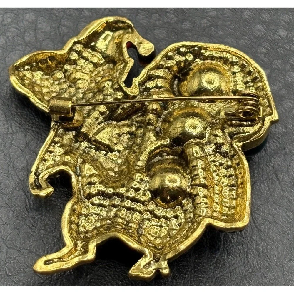 Christmas Mouse Santa Brooch Green Rhinestone Red Enamel Hat Gold Tone